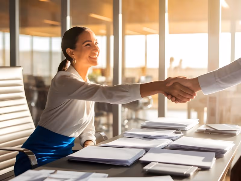 Mulher sorridente sentada em escritório apertando a mão de outra pessoa sobre uma mesa com pilhas de documentos.