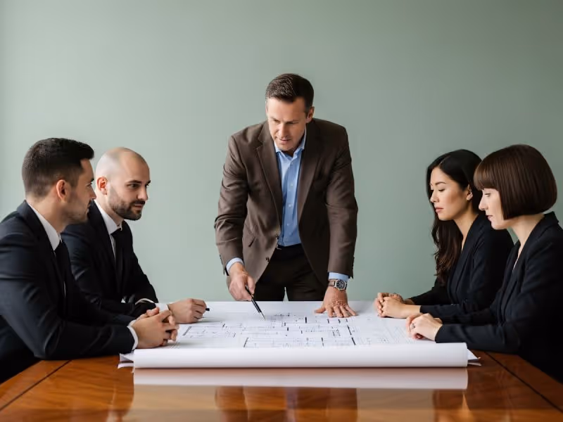 Homem em terno apresentando plantas a quatro colegas em uma reunião de negócios.