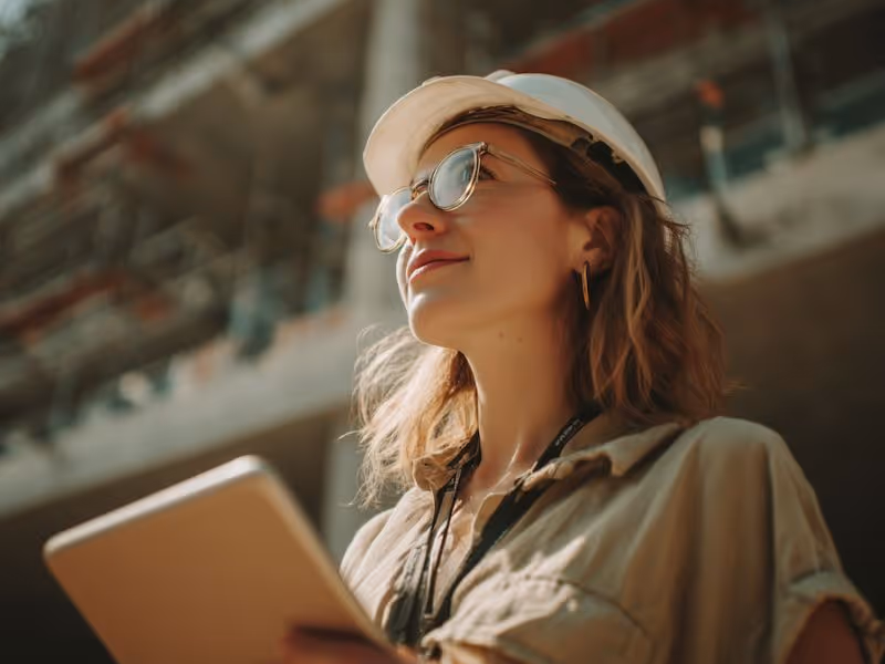 Mulher usando capacete e óculos segurando um tablet em um local de construção.