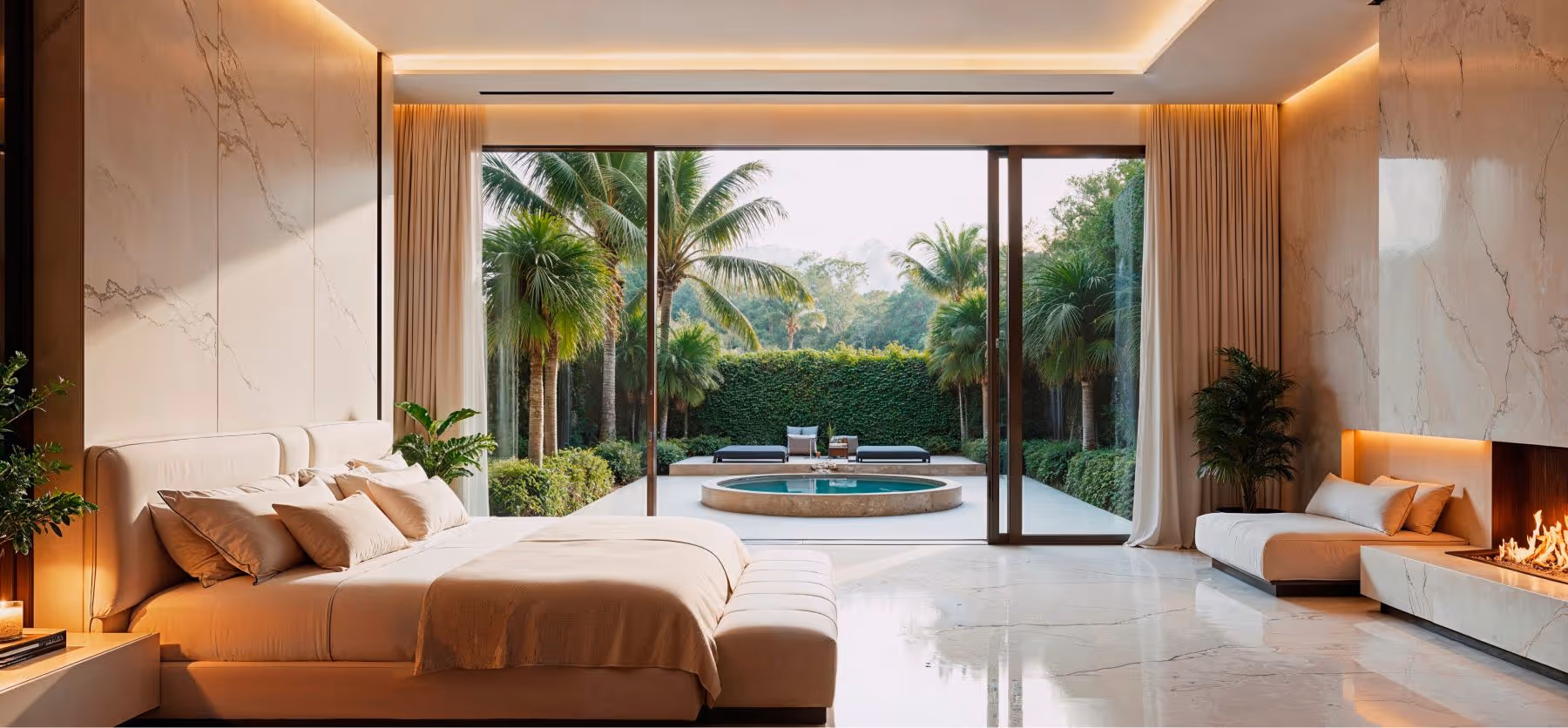 Quarto moderno com cama king-size bege, lareira acesa, poltrona, plantas e vista para piscina redonda e jardim com palmeiras.